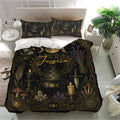 Black Wicca bedding set displayed in a bright bedroom with matching pillows, cauldron, candles, and crystal artwork