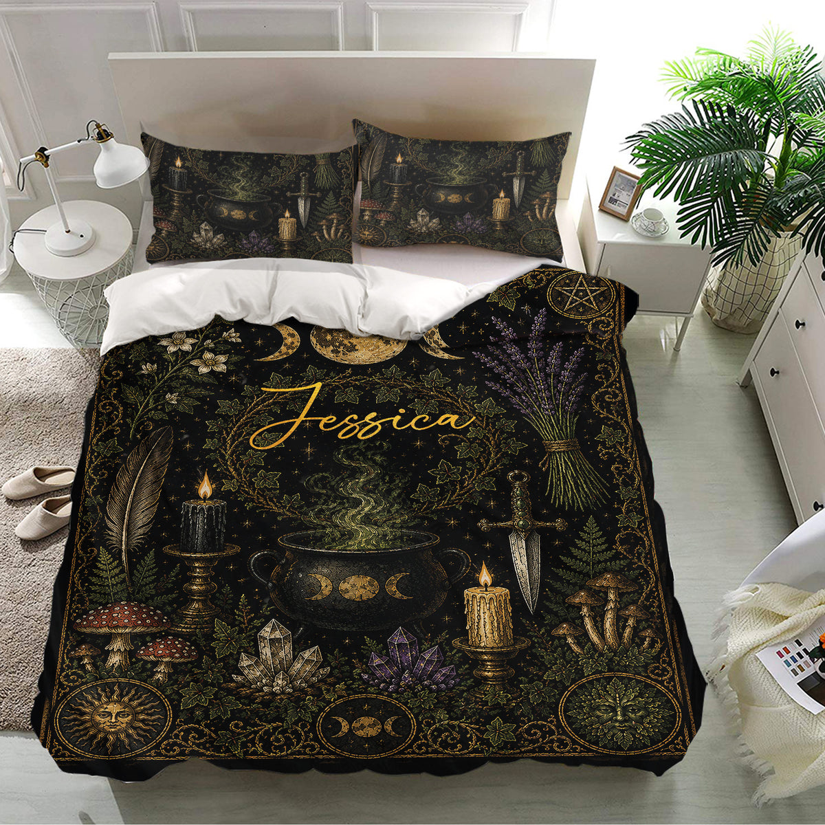 Black Wicca bedding set displayed in a bright bedroom with matching pillows, cauldron, candles, and crystal artwork