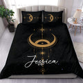 Wicca duvet cover set in black and gold with moon phases, stars, celestial symbols, and a bedroom display