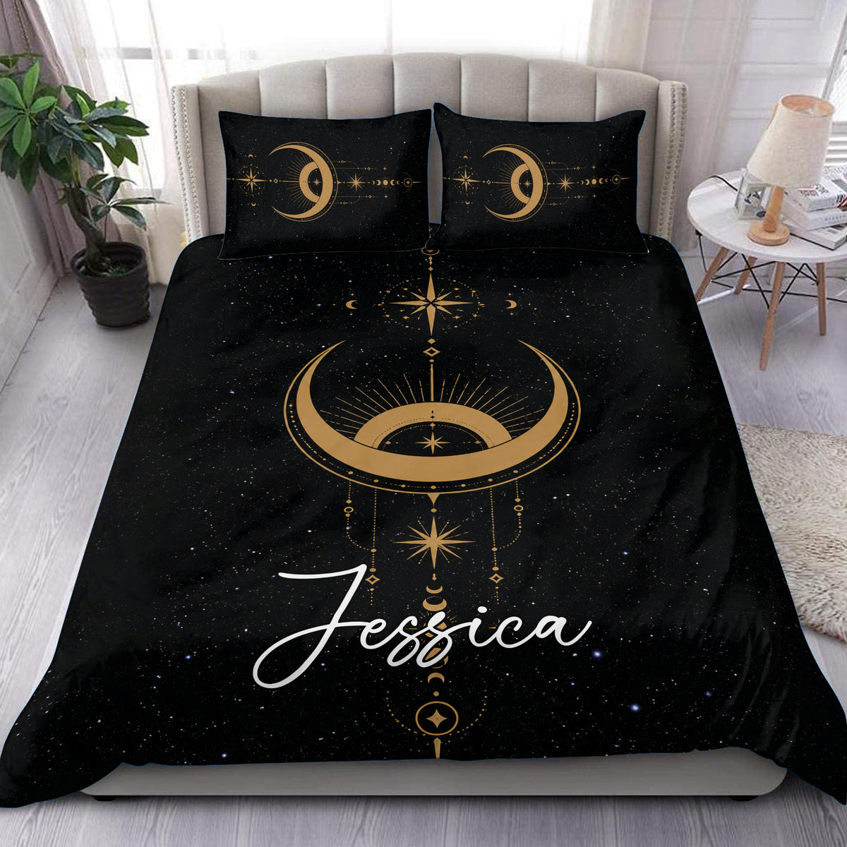 Wicca duvet cover set in black and gold with moon phases, stars, celestial symbols, and a bedroom display