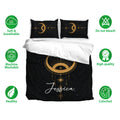 Wicca bedding set displayed with black and gold moon phase artwork alongside care and quality feature icons