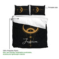 Wicca duvet cover set showing celestial moon artwork, starry details, pillowcases, and the printable side