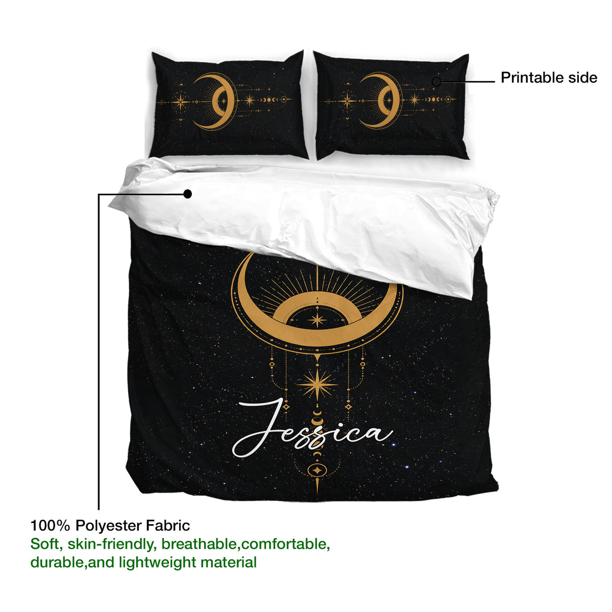 Wicca duvet cover set showing celestial moon artwork, starry details, pillowcases, and the printable side