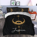 Wicca bedroom decor with black and gold moon phase duvet cover bedding set styled in a modern room