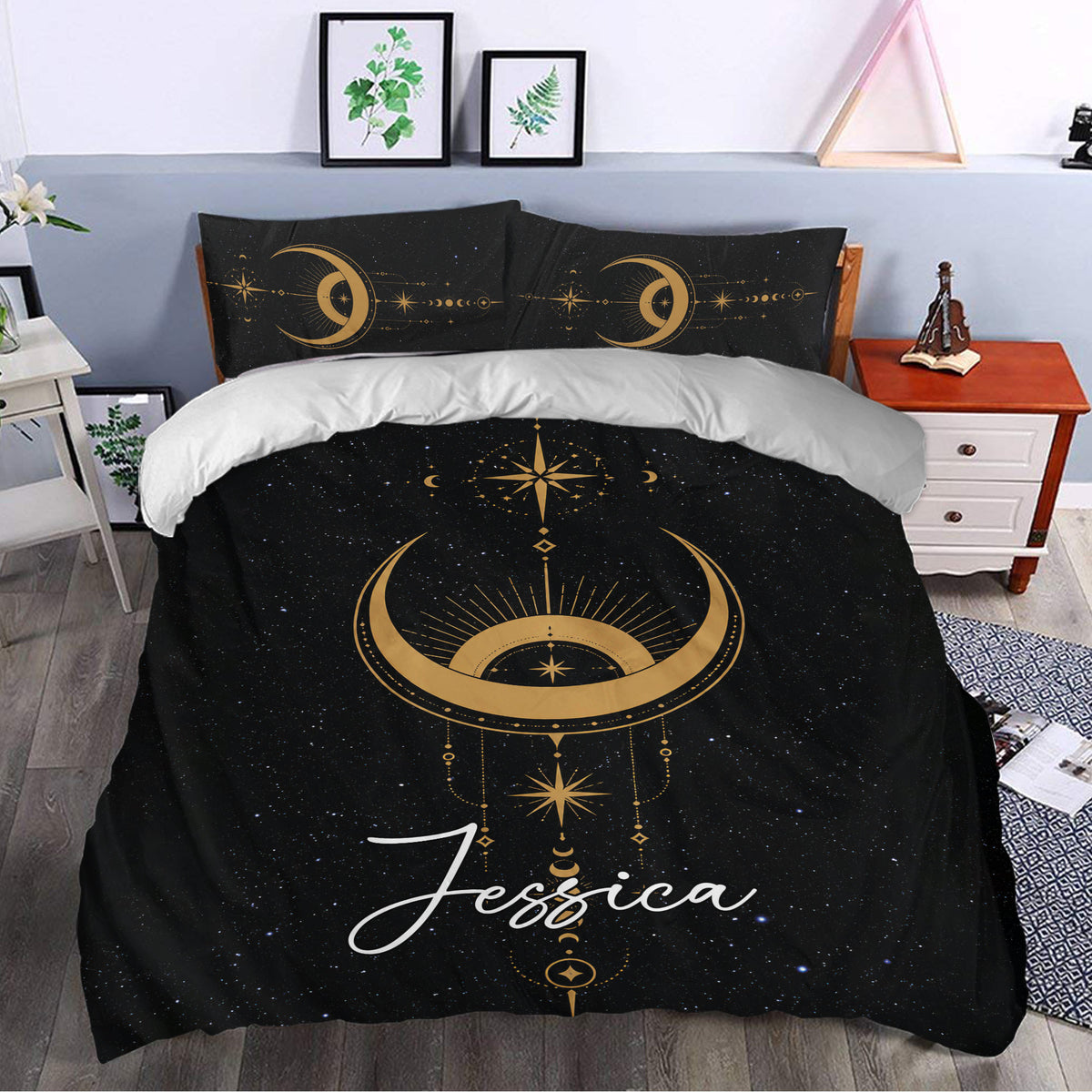 Wicca bedroom decor with black and gold moon phase duvet cover bedding set styled in a modern room