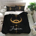 Celestial Wicca bedding set with moon phases, stars, and gold geometric artwork styled on a bright bedroom