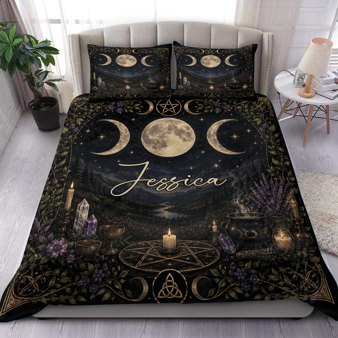 Wicca duvet cover set displayed on a bed with moon phases, stars, crystals, candles, and botanical details