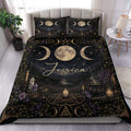 Wicca duvet cover set displayed on a bed with moon phases, stars, crystals, candles, and botanical details