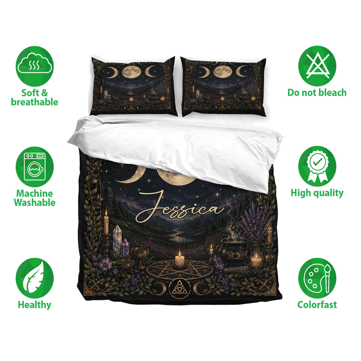 Wicca bedding set shown with moon phase artwork, mystical symbols, candles, crystals, and soft breathable fabric icons