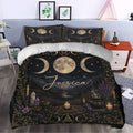 Wicca duvet cover styled in a bedroom with triple moon artwork, stars, candles, crystals, and botanical borders