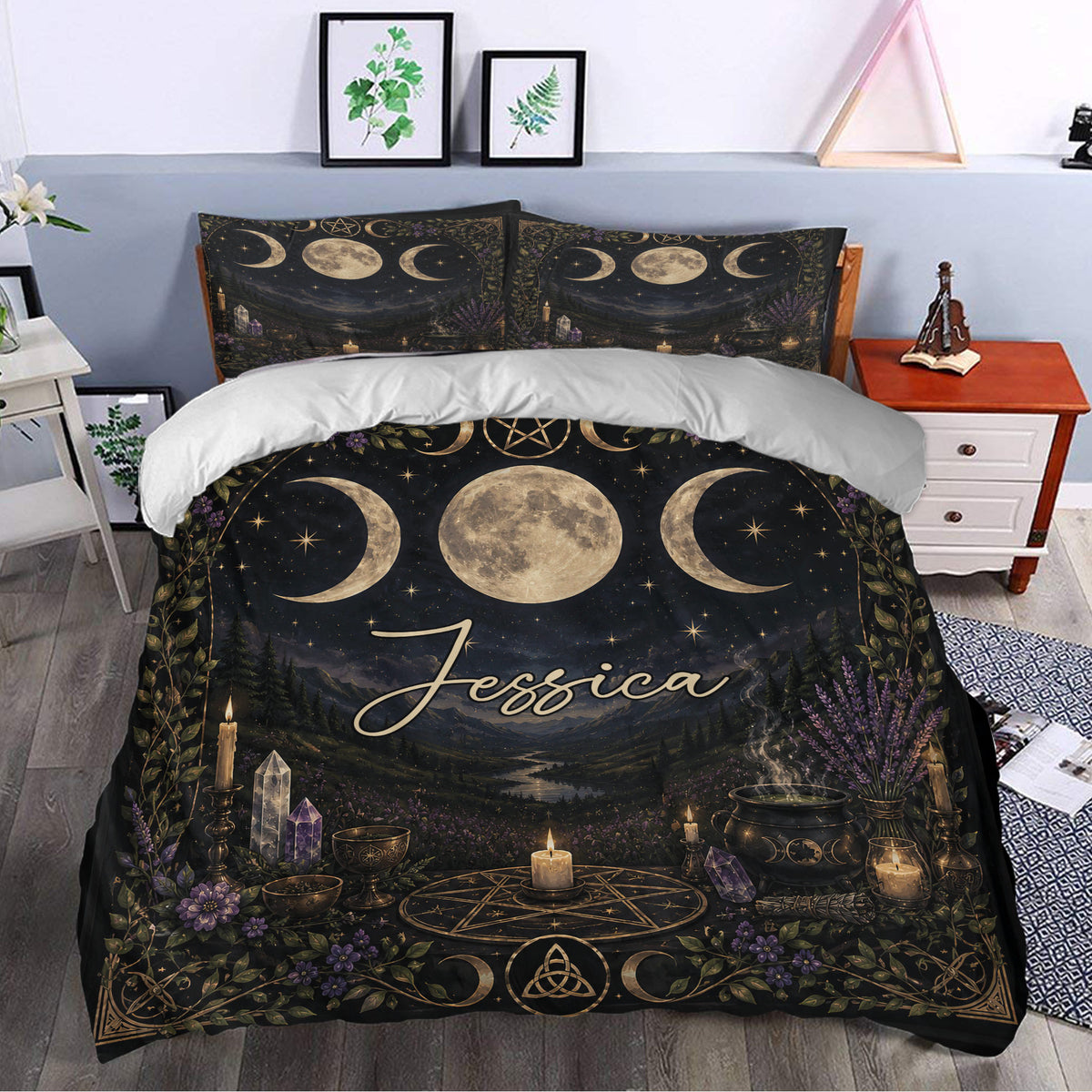 Wicca duvet cover styled in a bedroom with triple moon artwork, stars, candles, crystals, and botanical borders