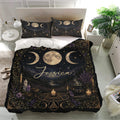 Wicca bedding set presented in a bright bedroom with celestial moon phases, purple flowers, crystals, and candles