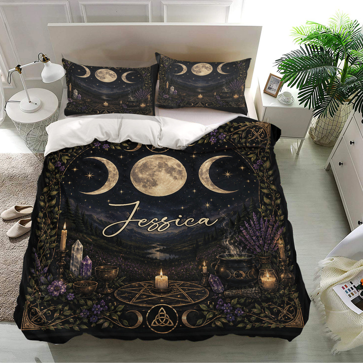 Wicca bedding set presented in a bright bedroom with celestial moon phases, purple flowers, crystals, and candles