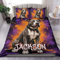 Pitbull duvet cover bedding set displayed on a modern bed with bold purple and orange artwork