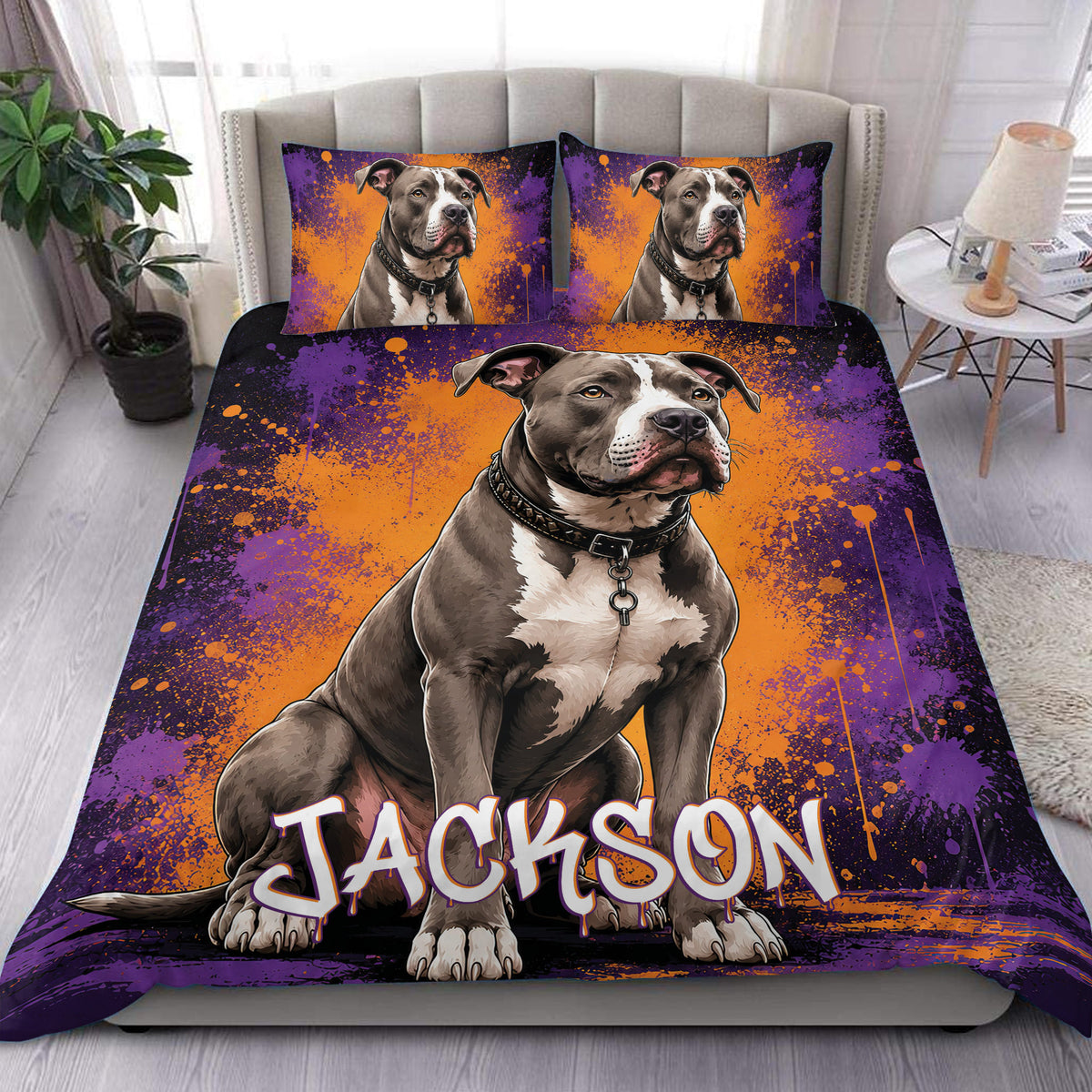 Pitbull duvet cover bedding set displayed on a modern bed with bold purple and orange artwork