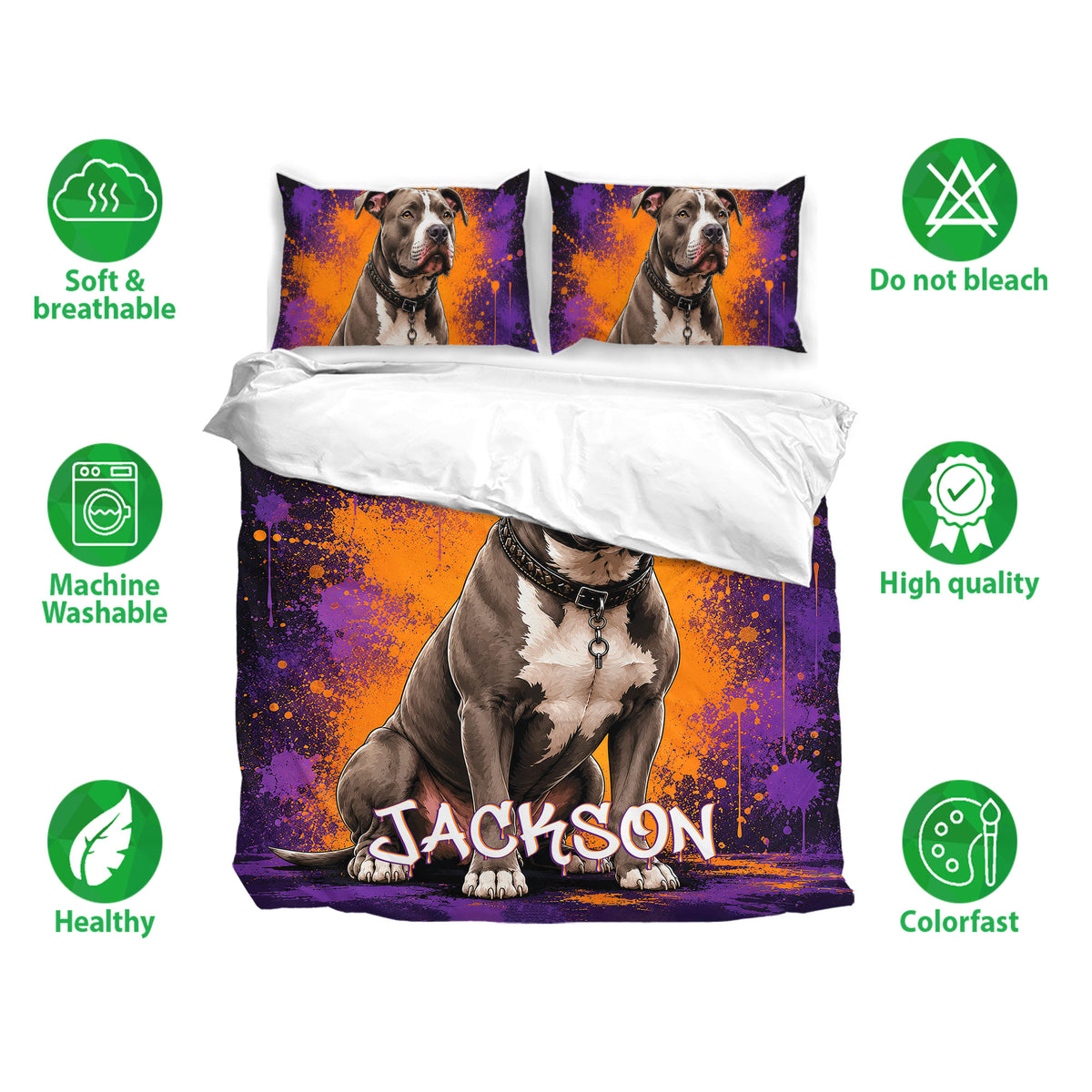 Pitbull bedding set shown with matching printed pillowcases and vivid purple orange splatter design