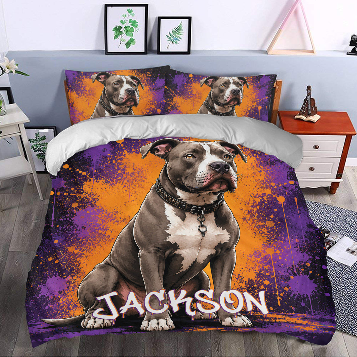 Pitbull duvet cover styled in a bedroom with a large dog portrait and colorful artistic background