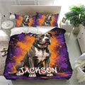 Pitbull bedding set presented in a bright bedroom with matching dog portrait pillowcases