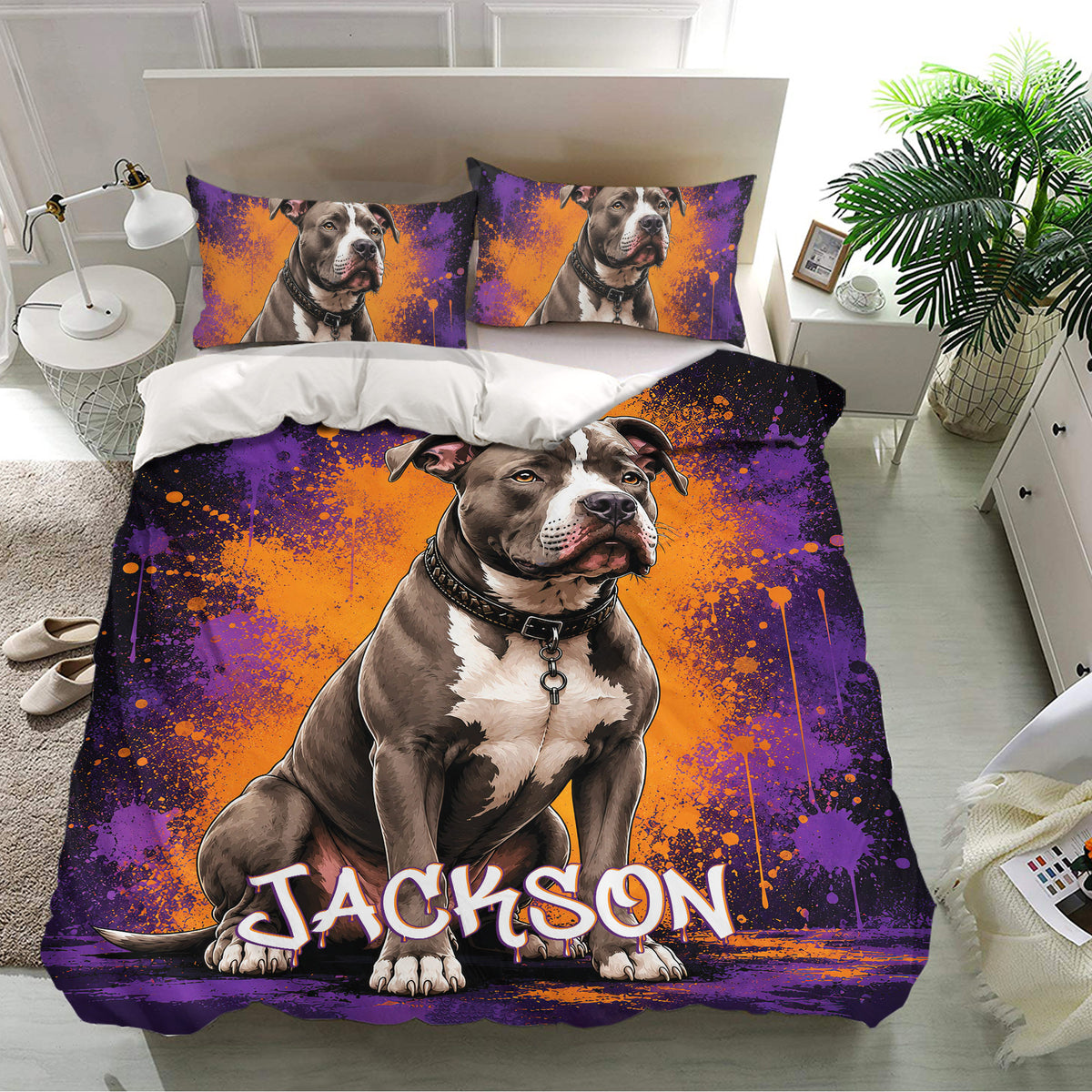 Pitbull bedding set presented in a bright bedroom with matching dog portrait pillowcases