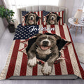 Pitbull duvet cover set displayed on a bed with patriotic stars and stripes artwork in red, white, and navy