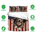 Pitbull bedding set shown with matching portrait pillowcases and feature icons for softness and washability