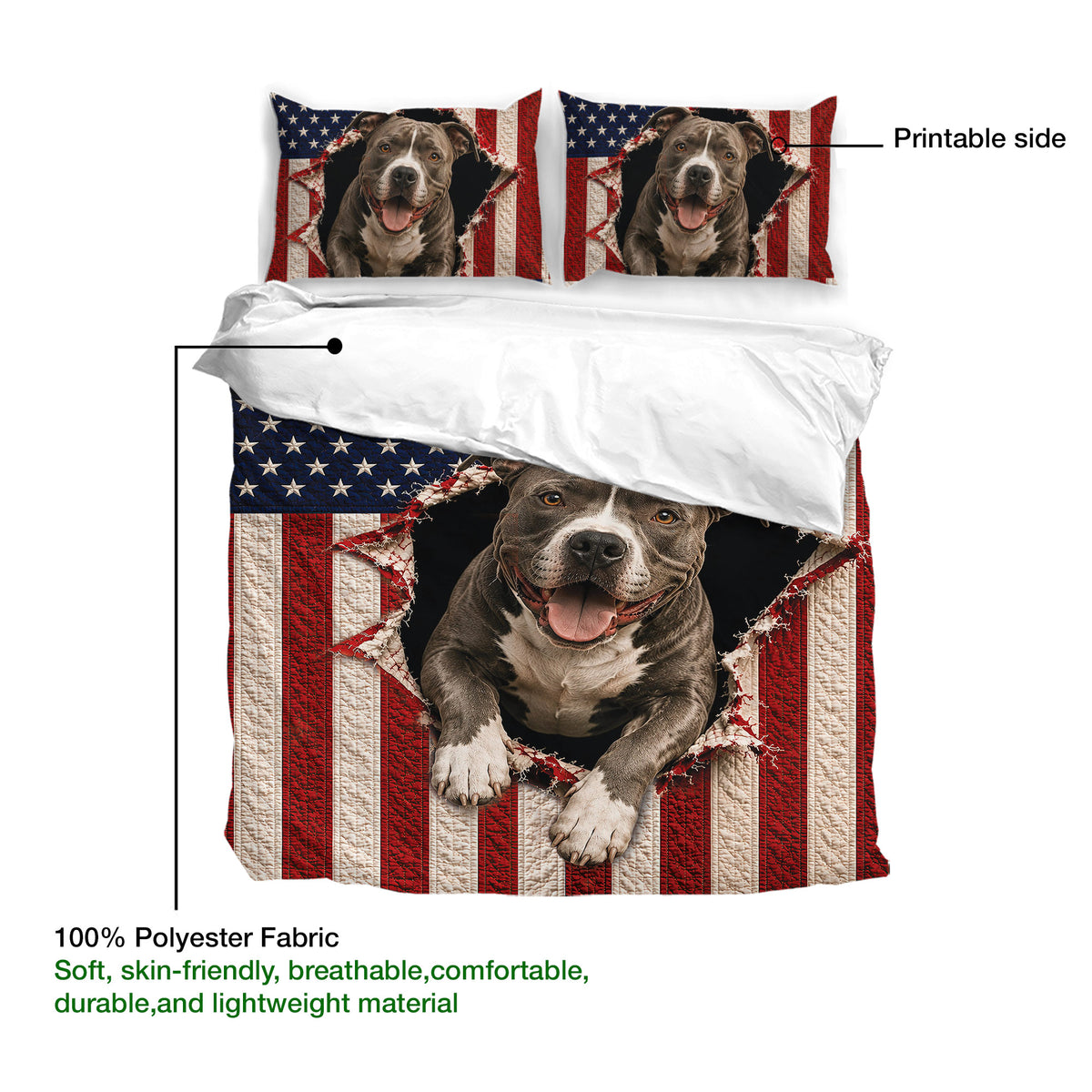 Pitbull duvet cover bedding set detail showing the printed side, white interior, and polyester fabric label