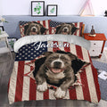 Patriotic pitbull duvet cover set styled in a modern bedroom with portrait artwork and bold flag-inspired colors