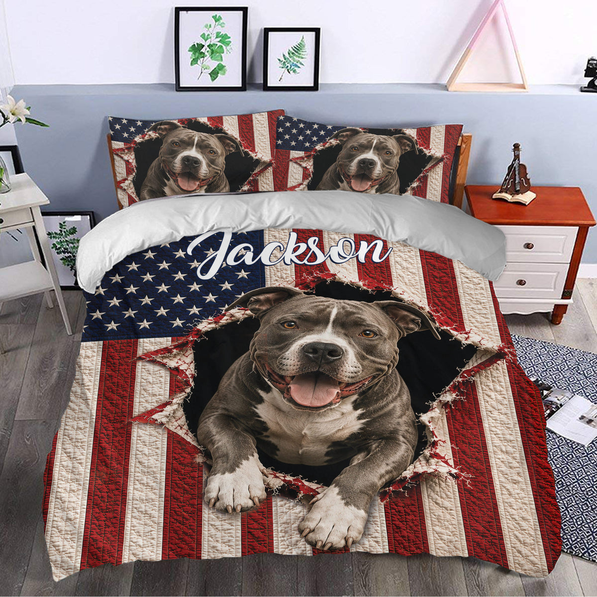 Patriotic pitbull duvet cover set styled in a modern bedroom with portrait artwork and bold flag-inspired colors