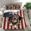 Pitbull bedding set displayed in a bright bedroom with matching portrait pillowcases and red, white, and navy decor