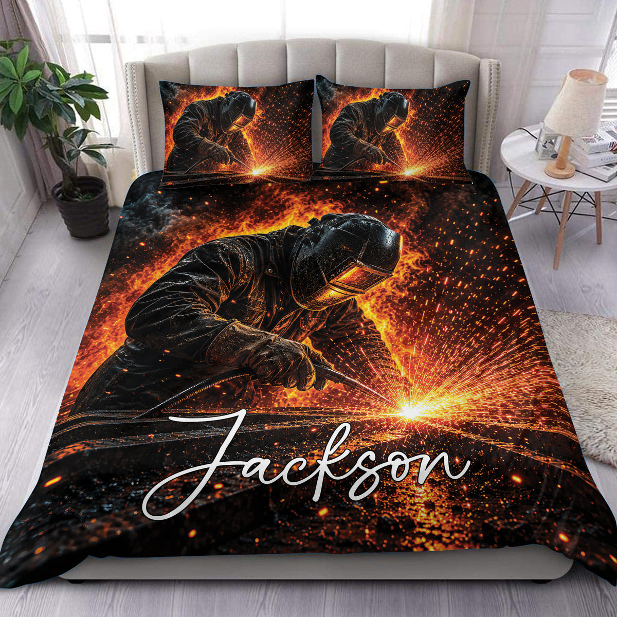 Welder duvet cover set displayed on a bed with fiery sparks, dark metal tones, and matching pillowcase artwork