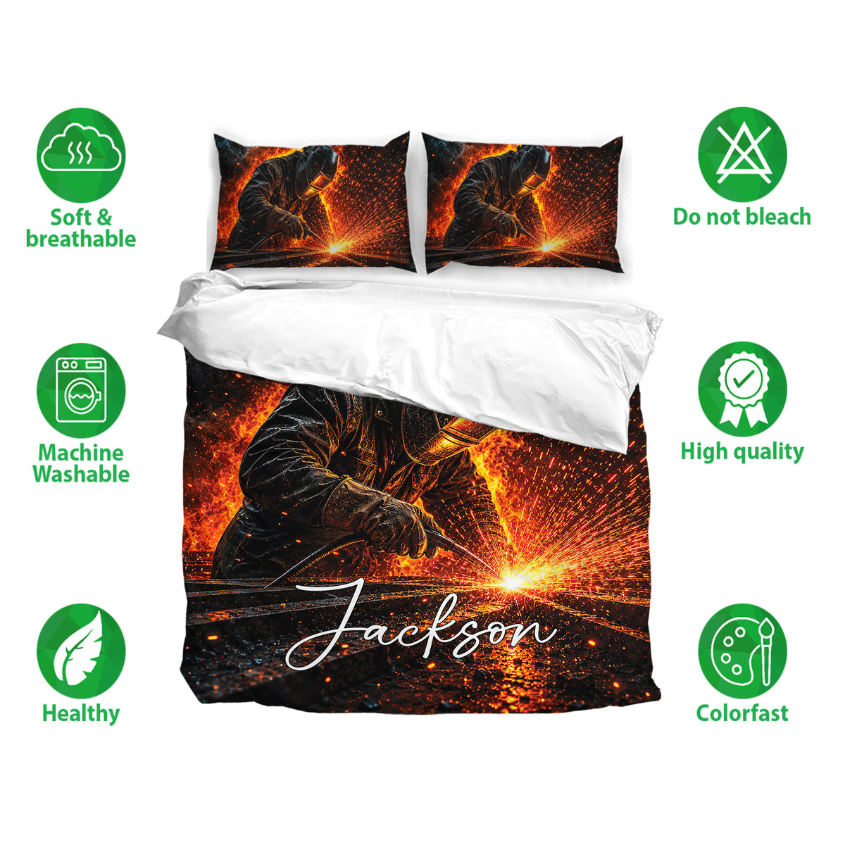 Welder bedding set shown with matching pillowcases, fiery artwork, soft breathable fabric, and care feature icons
