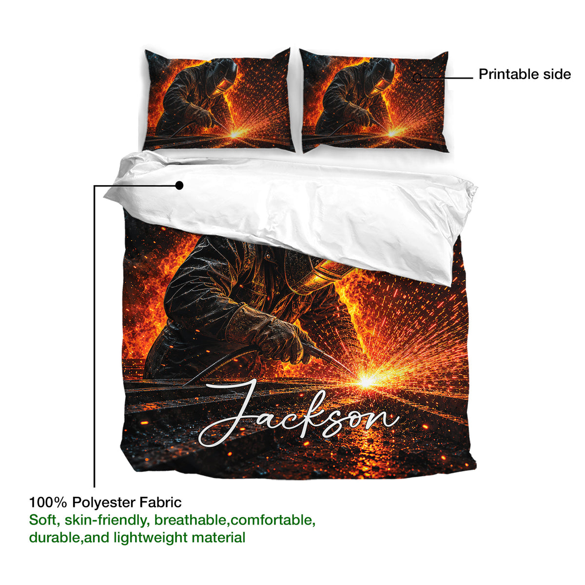Welder duvet cover and pillowcases shown with printable artwork, soft polyester fabric, and fiery welding sparks