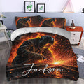 Welder duvet cover bedding set styled in a modern bedroom with black, orange, and glowing welding spark artwork