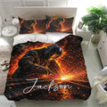 Welder bedding set displayed in a bright bedroom with matching pillowcases and dramatic orange welding spark artwork