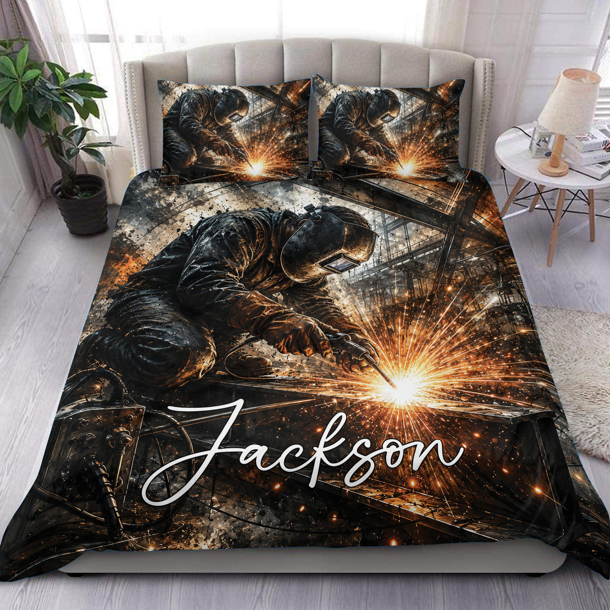 Welder duvet cover bedding set displayed on a bed with dramatic sparks and industrial artwork