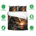 Welder duvet cover set with matching pillowcase artwork and bold black, bronze, and orange tones