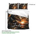 Welder bedding set detail showing the printed side, soft fabric callout, and industrial welding scene