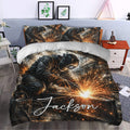 Welder duvet cover styled in a bedroom with vivid welding sparks and rugged industrial decor