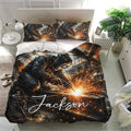 Welder bedding set presented on a bed with matching pillowcases and high-impact workshop artwork