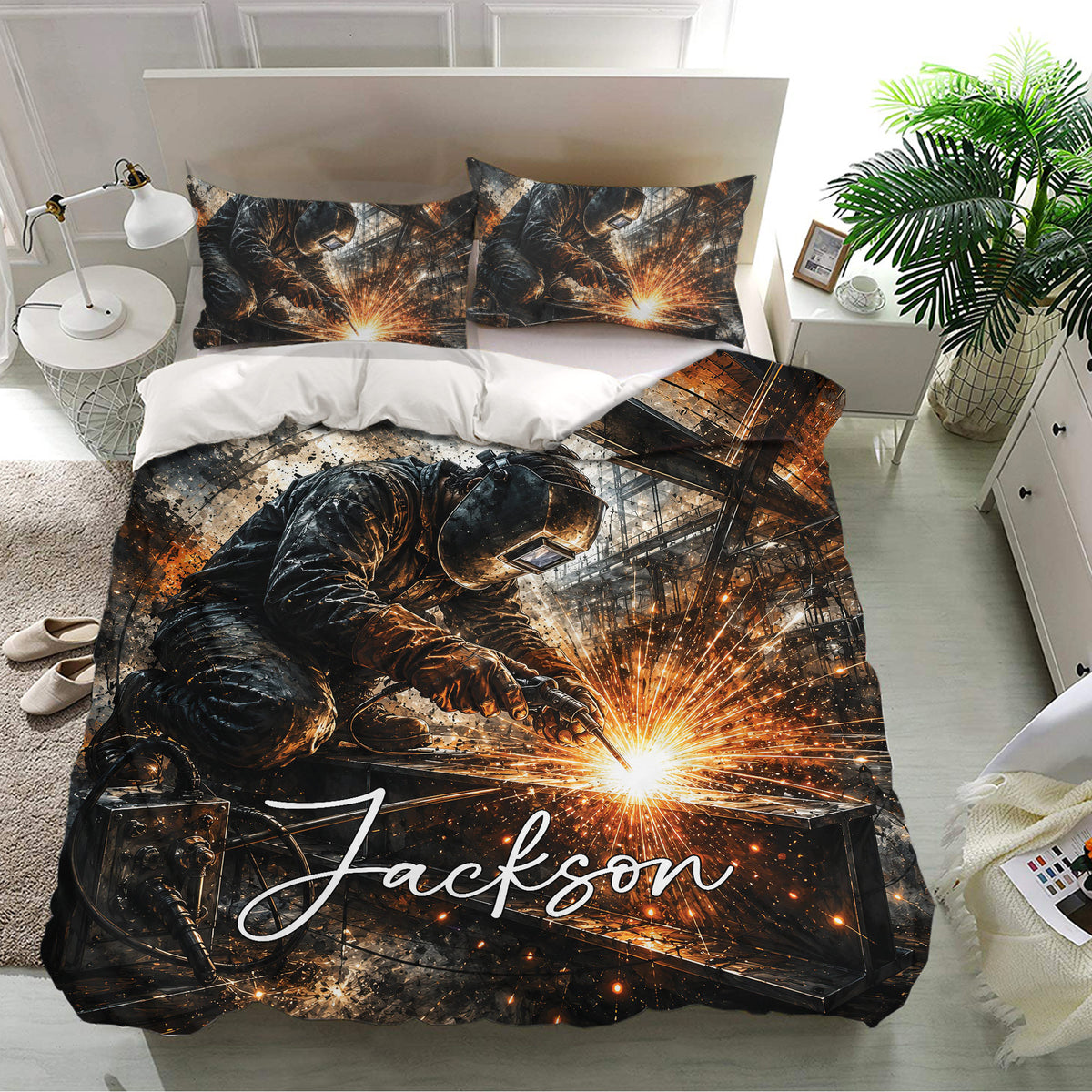 Welder bedding set presented on a bed with matching pillowcases and high-impact workshop artwork