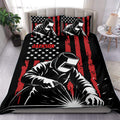 Welder duvet cover set in black, red, and white with bold stars and welding artwork styled on a bedroom