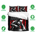 Welder bedding set displayed on a bed with bold red, black, and white welding artwork and breathable fabric callouts