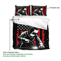 Welder duvet cover design guide showing the printable side and striking welding artwork in black, red, and white