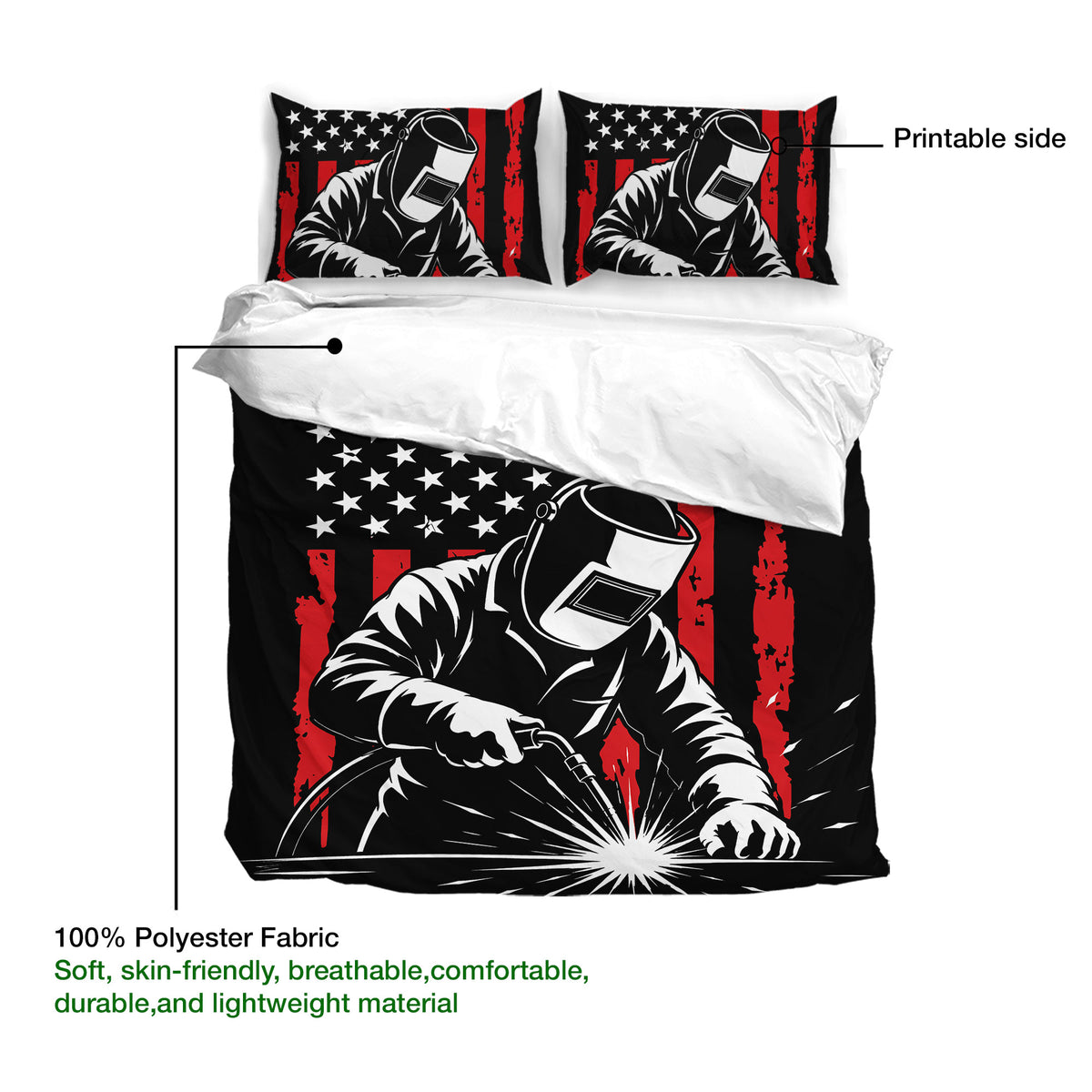 Welder duvet cover design guide showing the printable side and striking welding artwork in black, red, and white