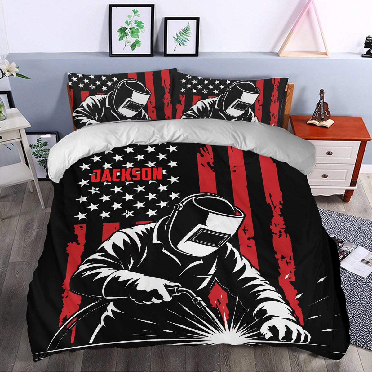 Welder bedding set styled in a modern bedroom with dramatic welding artwork and patriotic-inspired black and red accents