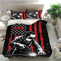 Welder duvet cover set displayed in a bright bedroom with welding artwork, star details, and bold red stripes