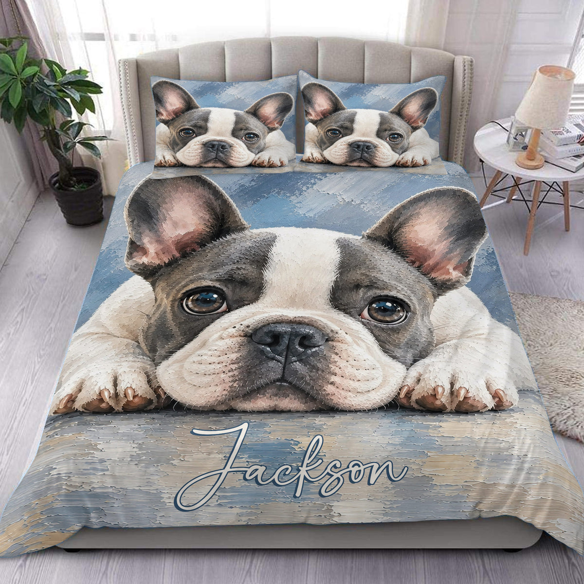 French Bulldog duvet cover set with a large painterly dog portrait on blue bedding and matching pillowcases