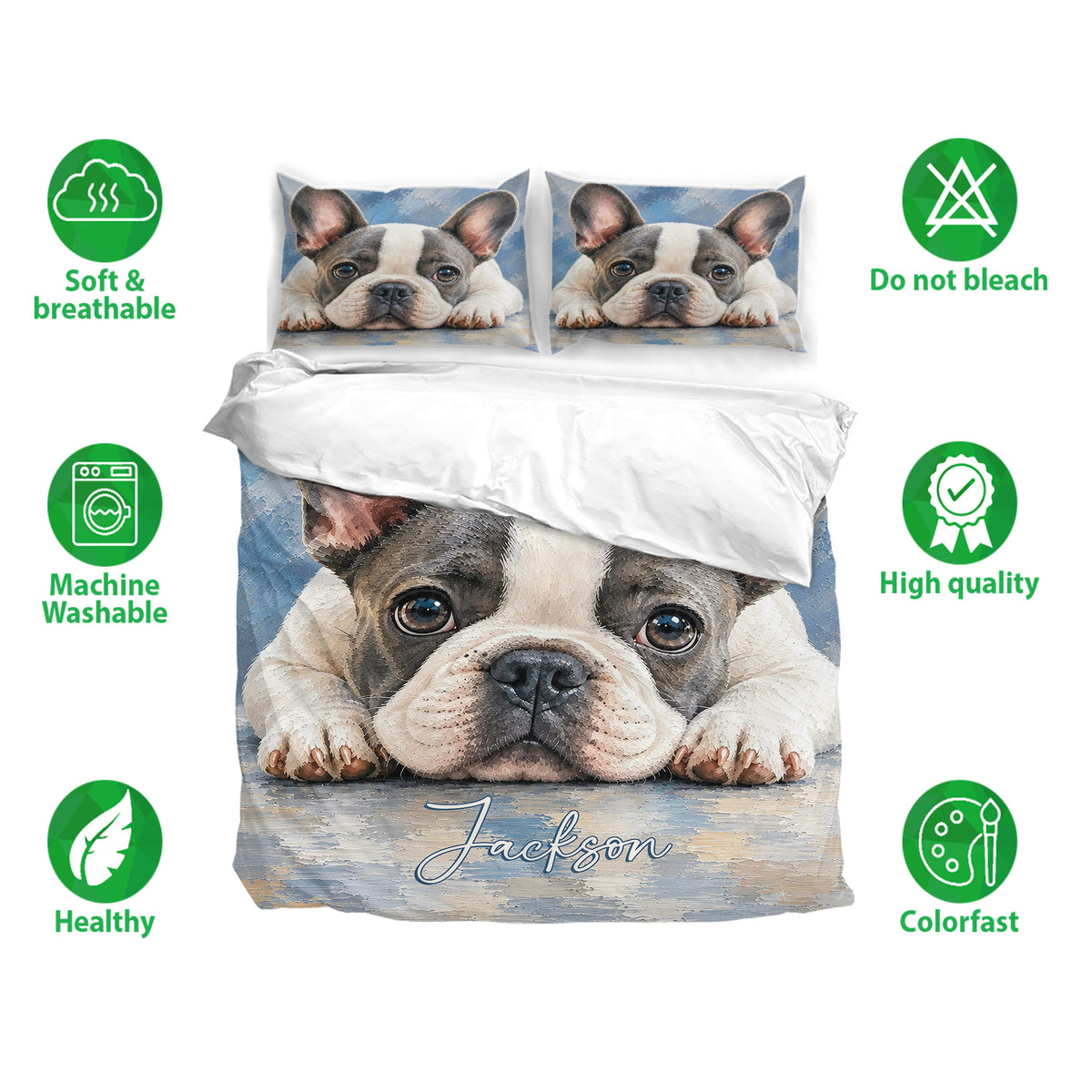 French Bulldog duvet cover set with matching pillowcases shown alongside soft, breathable bedding features