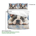 French Bulldog duvet cover set displaying the printable side and soft polyester fabric in a feature guide