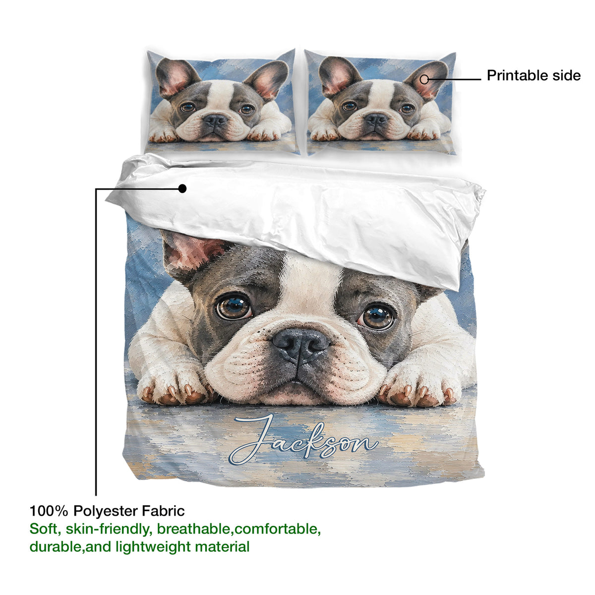 French Bulldog duvet cover set displaying the printable side and soft polyester fabric in a feature guide